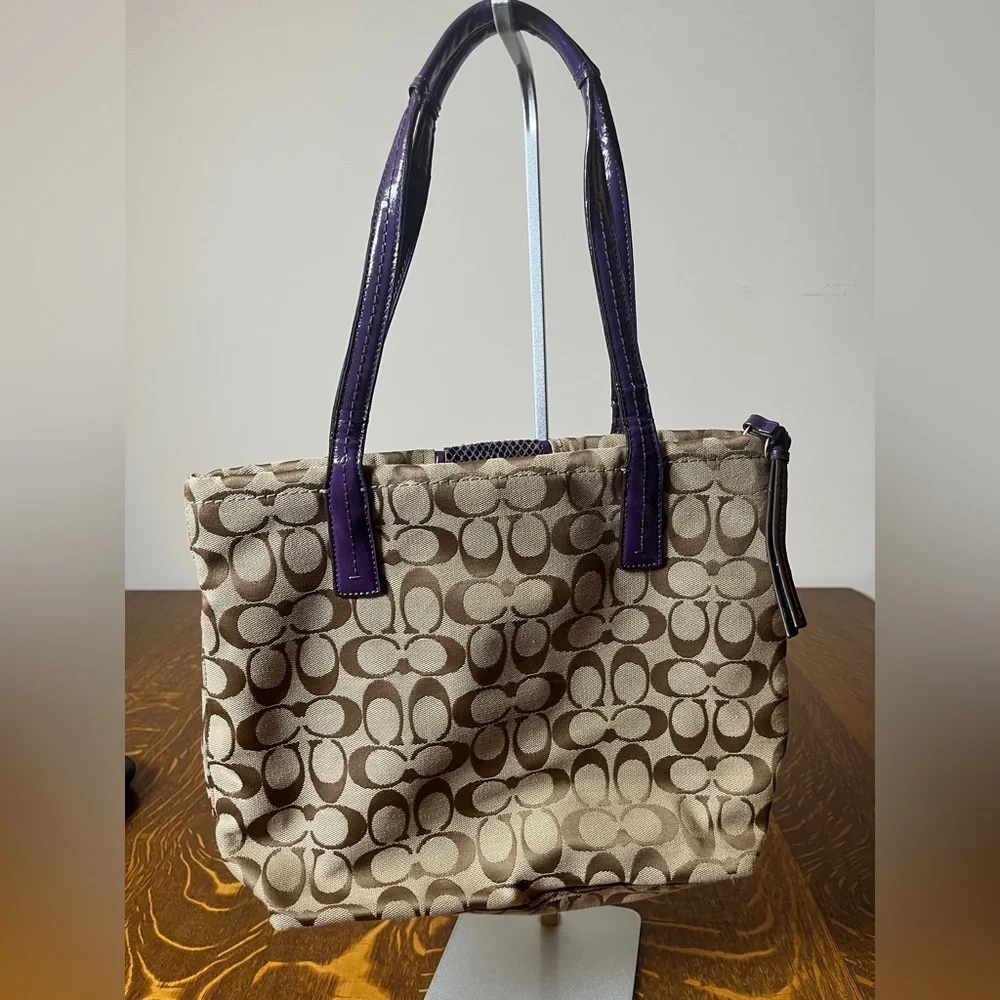Coach Signature Canvas Small Tote with Purple Snakeskin accents
